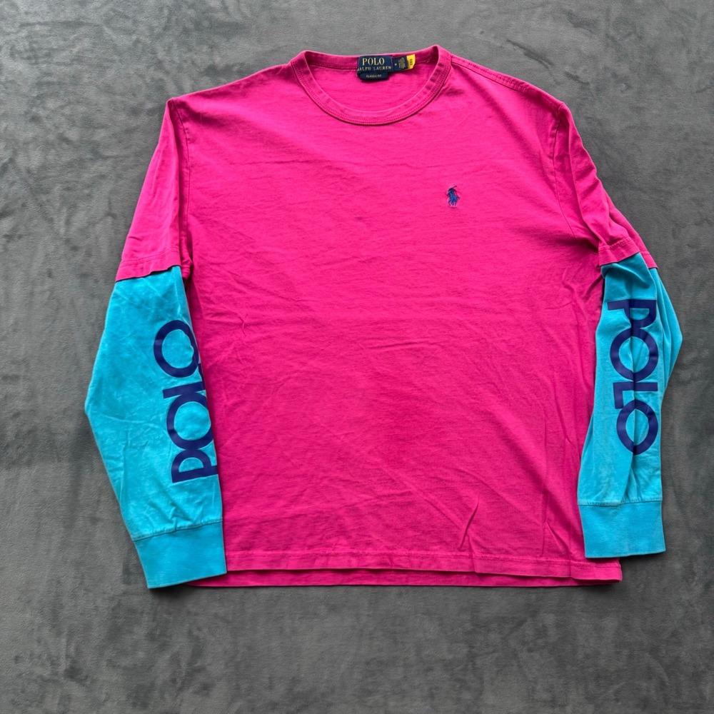 Polo Ralph Lauren Mens Pink Turquoise Colorblock Long Sleeve Graphic T-Shirt M